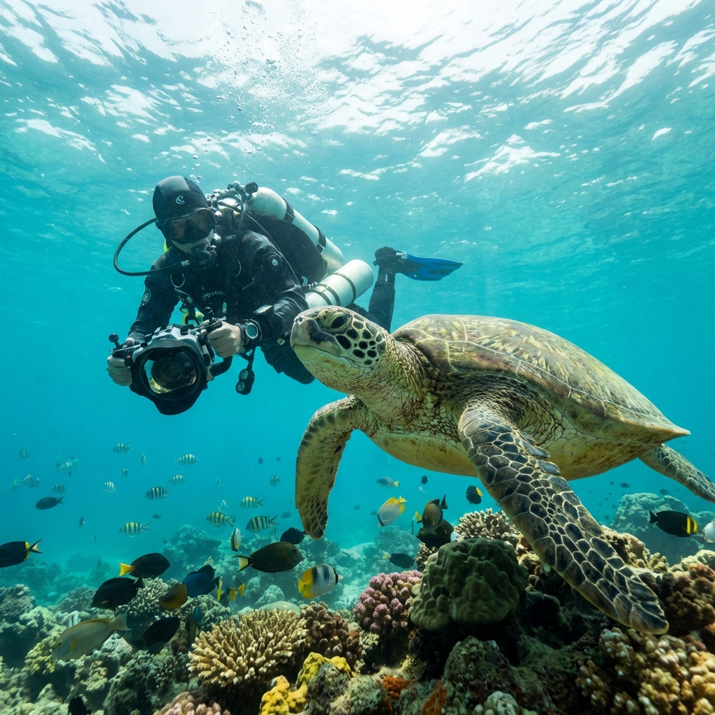 Scuba Diver and Sea Turtle Lakshadweep
